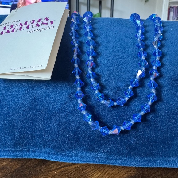 Vintage Charles Marchant Blue Aurora Crystal Hand Cut Long Opera Bead Necklace - Picture 7 of 11